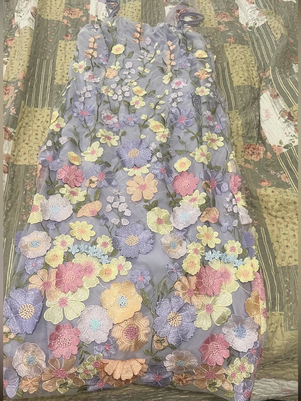 BIG SALE(3for $50)- Lilac Floral Embroidered Midi Dress with Tie-Shoulder Straps - Picture 4 of 8